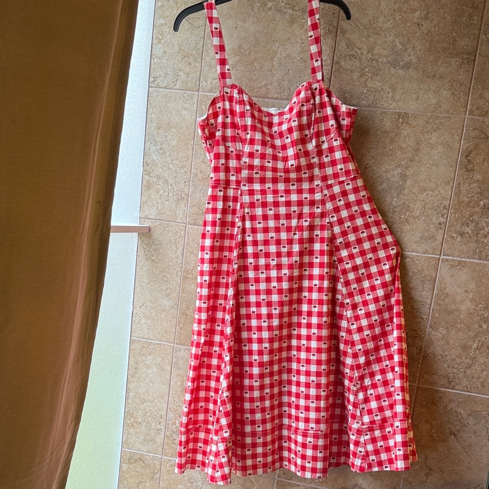 Avec Les Filles Red Gingham Cherry Pie Sweetheart Neck Fit & Flare Dress Pockets - Picture 15 of 16